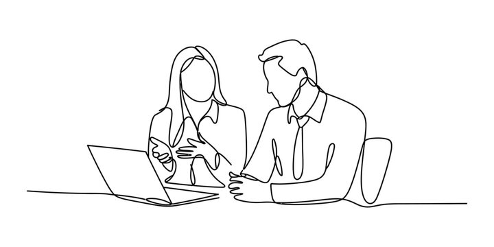 Continuous one line drawing of a man and woman working together on a laptop computer in an office setting for business collaboration and teamwork Vector, illustration