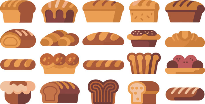 Fresh bakery bread and sweet pastry products flat design cartoon vector icons set