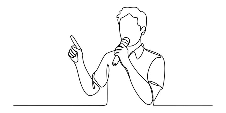 Man speaking into a microphone with hand raised in a continuous line drawing style Vector, illustration