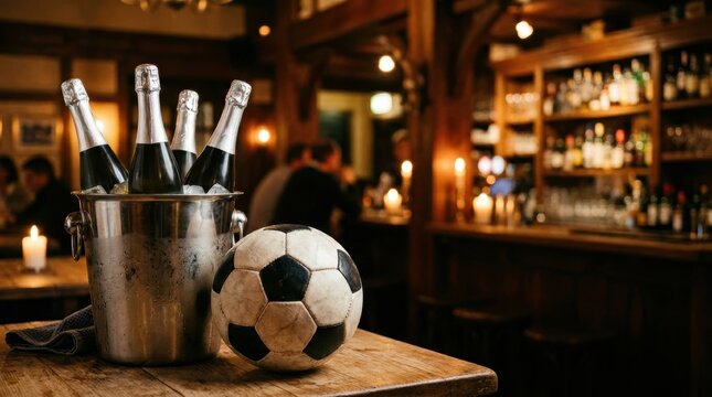 Bottles of champagne in an ice bucket with a soccer ball on a wooden table in a bar