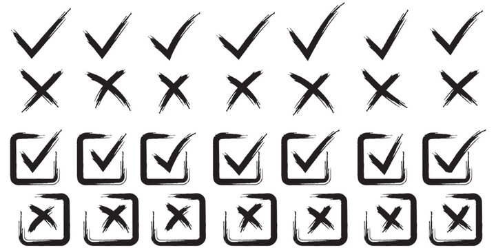 Grunge vector checkmark and cross. Grunge green check mark and red cross mark icon set. brush correct or incorrect sign with circle