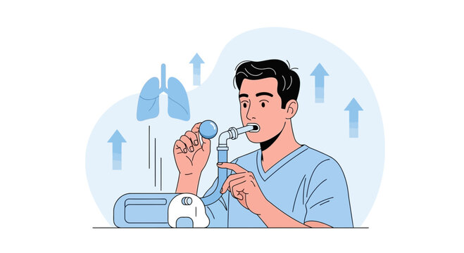 Person using spirometer for lung function test, breathing exercise, health concept