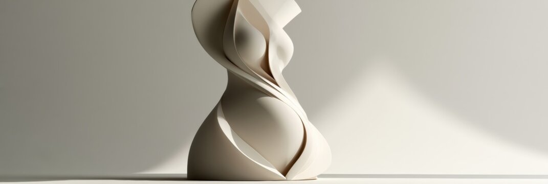 This sculpture features a pregnant female torso designed as an abstract architectural form. It shows smooth curves in a white studio setting.