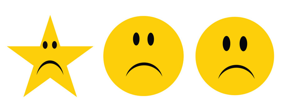 Negative customer feedback and bad experience rating icon set with yellow sad face emoji and unhappy star representing low product review.
