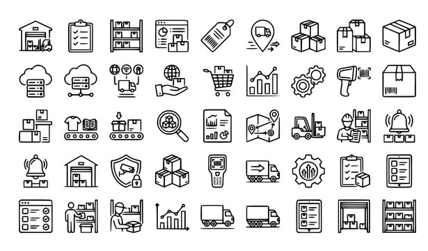 Creative warehouse and inventory management monoline icon pack for logistics and ecommerce systems