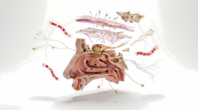 Detailed Human Nasal Cavity Anatomy with Nerves and Blood Vessels