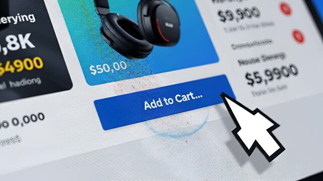 Cursor clicks Add to Cart button on ecommerce website displaying headphones.