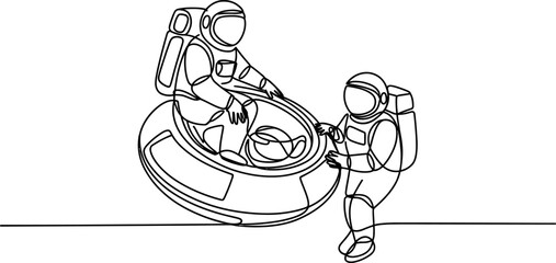 Continuous single line drawing of two astronauts exploring space in a futuristic round vehicle for science fiction concept and futuristic travel design Vector, illustration © Single Line 2019
