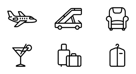 Fototapeta premium Travel Icons: Airplane, Stairs, Seat, Cocktail, Luggage, Hanger, Vector Set for Aviation and Hospitality