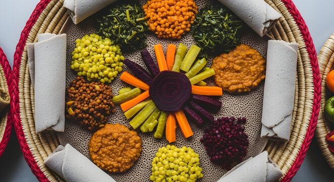 Ethiopian cuisine platter with injera lentils and vegetable dishes