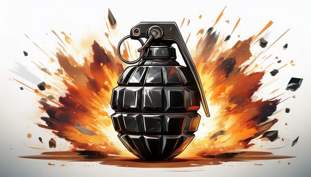 a black glossy grenade with a pin pulled exploding with fiery blast on a white background