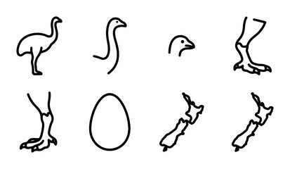 Fototapeta premium Minimalist Bird Icons Set, New Zealand Outline Graphics, Avian Elements Collection, Simple Vector Shapes for Nature Themes