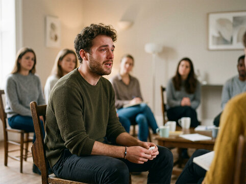 Young man sharing personal story while crying at a support group therapy session