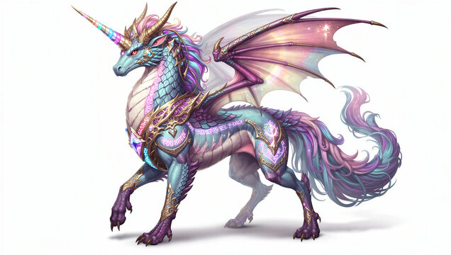 Majestic unicorn dragon hybrid with rainbow horn wings and golden runic armor mythical fantasy beast