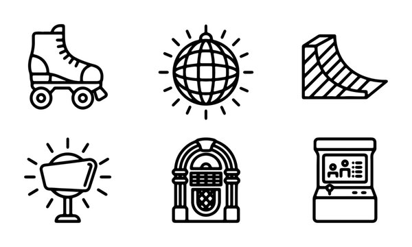 Retro Roller Skate, Disco Ball, Ramp, Jukebox, Arcade Machine, and Spotlight Icons Set. Vintage Entertainment and Leisure Vector Graphics.