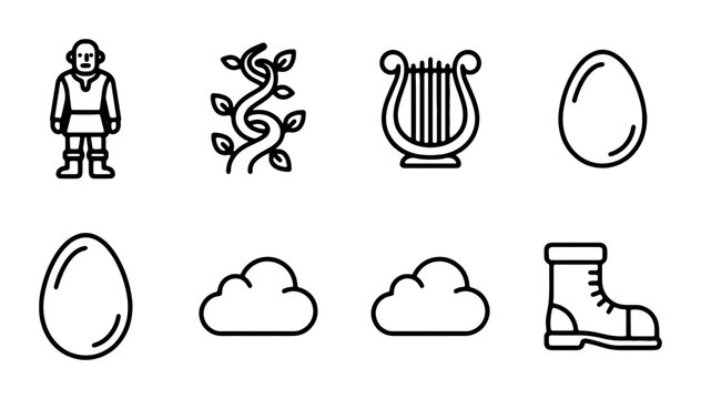 Folkloric Icons Set: Giant, Magic Beans, Lyre, Egg, Clouds, Boot, Storytelling Symbols, Mythological Elements, Fairy Tale Graphics