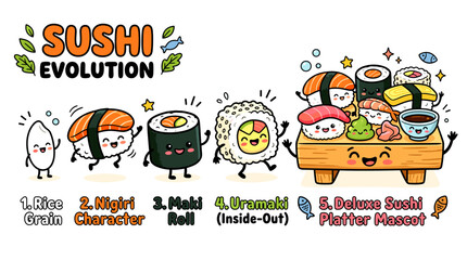Fototapeta premium Sushi Evolution A Whimsical Journey Through Rice, Nigiri, Maki, Uramaki, and Deluxe Platters