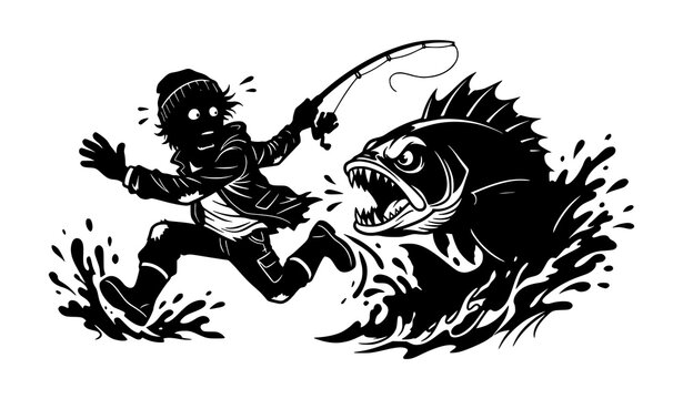 Minimal Black and White Fish Attack Fisherman Vector with Humorous Action Scene