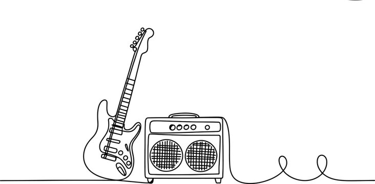 Continuous single line drawing of electric guitar and amplifier equipment for rock music performance art style illustration for creative design projects Vector, illustration