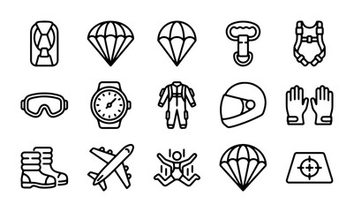 Skydiving Icon Set, Parachute Gear & Equipment Vector Graphics, Extreme Sports Symbols, Adventure & Travel Icons, Outline Style © Sojib