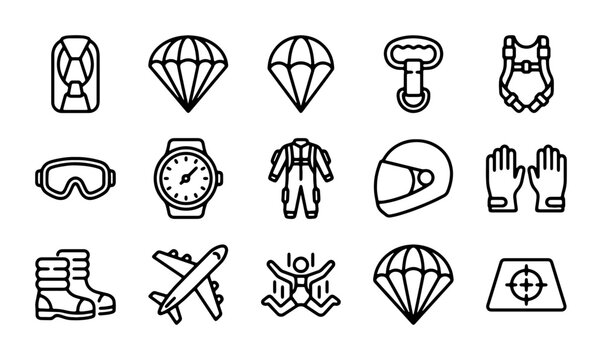 Skydiving Icon Set, Parachute Gear & Equipment Vector Graphics, Extreme Sports Symbols, Adventure & Travel Icons, Outline Style