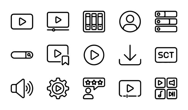 Video Player Icons Set, Media Playback Controls, Streaming Interface Elements, Digital Content Navigation Symbols, 15 Vector Graphics