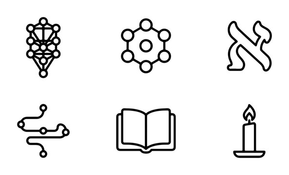 Mystical Symbols Collection: Kabbalah Tree of Life, Hebrew Letter Aleph, Molecular Structure, Open Book, Candle, Path Icons