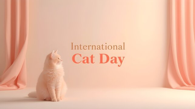 International Cat Day greeting card template with cute domestic pet and elegant typography banner