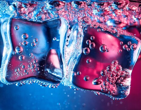 macro shot of vibrant pink and blue ice cubes submerged in a carbonated liquid with rising bubbles bright refreshing background with cold summer drink aesthetic and neon colors