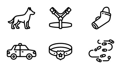 Police Dog Icons, K9 Unit Symbols, Canine Security Vector Set: Law Enforcement, Protection, Tracking, Patrol Car, Training Sleeve, Collar © Tufan