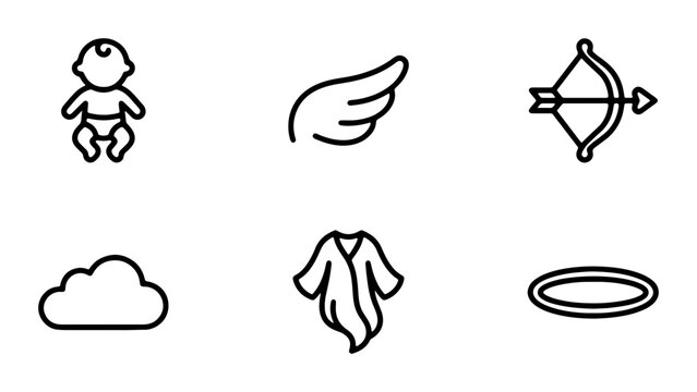 Vector Icons: Baby, Angel Wing, Cupid Bow, Cloud, Robe, Halo Set for Valentine's Day, Love, and Spirituality Concepts