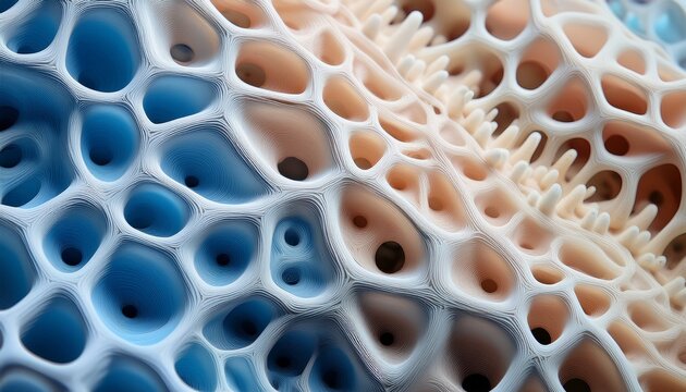 abstract macro shot of an organic porous structure resembling sea foam or a bone like honeycomb pattern the design features soft blue and warm beige tones with intricate cellular details