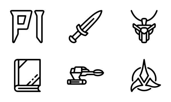 Sci-Fi Icons Set: Futuristic Symbols, Ancient Sword, Book, Spaceship, and Klingon Emblem Vector Graphics for Gaming and Fantasy Projects