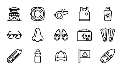 Lifeguard Icon Set, Beach Safety Symbols, Summer Rescue Equipment Vector Graphics, 15 Elements for Web and Print © Ratul