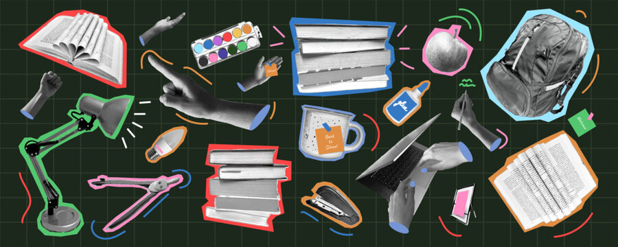 School Supplies Collage Sticker set Back to School Halftone Stationery Laptop Light Bulb Hands Books Backpack Trendy Modern retro Cutout Elements Concept school College university study Vector Vintage