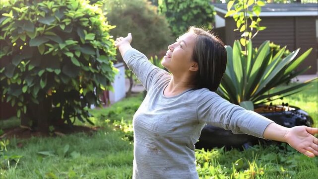 Asia adult aged people middle age mindful happy old woman open arm yoga deep calm stress relief outdoor nature public park sun light self love relax elder aging life asian female mental health care.