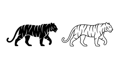 Hand drawn tiger walking outline and silhouette vector wild cat illustration © MdRiazul