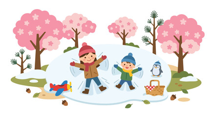Naklejka premium Two happy children make snow angels in a small snowy patch surrounded by blooming cherry blossoms, a penguin, and a picnic basket in a park.