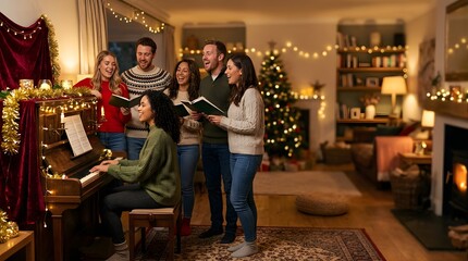 Fototapeta premium Happy friends singing carols around a piano in a cozy decorated home