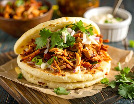Close-up of a filled Venezuelan arepa, with shredded meat, cilantro, and sauces on a wooden board