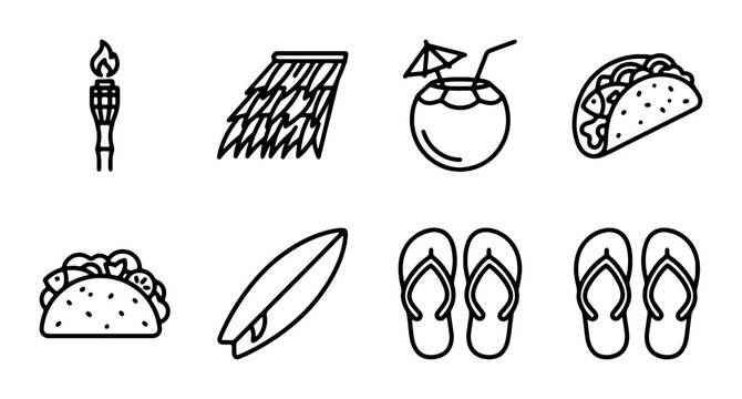 Tropical Vacation Icons: Tiki Torch, Thatch Roof, Coconut Drink, Tacos, Surfboard, Flip Flops, Vector Set for Summer Travel and Beach Lifestyle