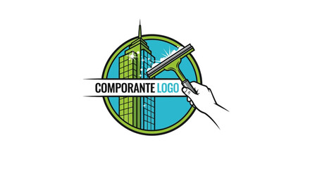 Obraz premium Professional window cleaning service logo featuring a sparkling skyscraper being cleaned by a hand with a squeegee, symbolizing clarity and shine for businesses