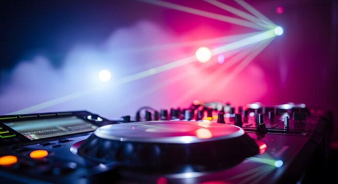 Modern electronic DJ controller illuminated by vibrant neon lights