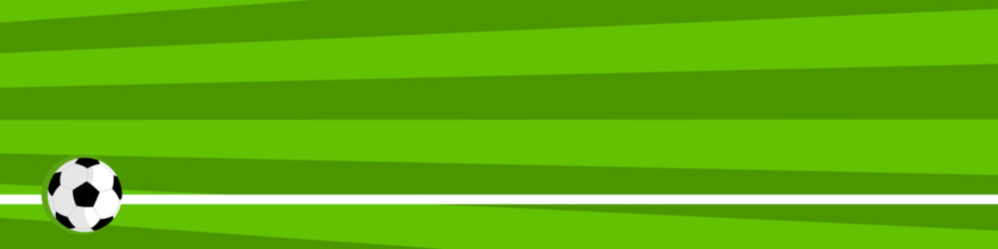 Soccer Ball on Green Grass Field Wide Banner Vector Illustration. Soccer football sport vector background template, modern sports design.