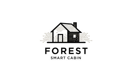 Fototapeta premium Minimalist black and white logo design featuring a simple house with smoke emanating from its chimney, set against a backdrop of abstract trees and the text 'FOREST SMART CABIN' below
