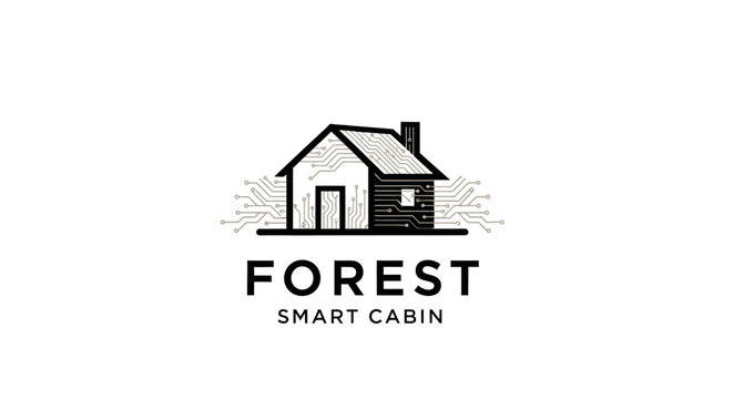 Minimalist black and white logo design featuring a simple house with smoke emanating from its chimney, set against a backdrop of abstract trees and the text 'FOREST SMART CABIN' below
