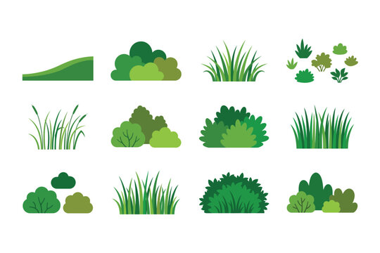Green grass and bush vector illustration set flat shrub bushes icons collection isolated on white background