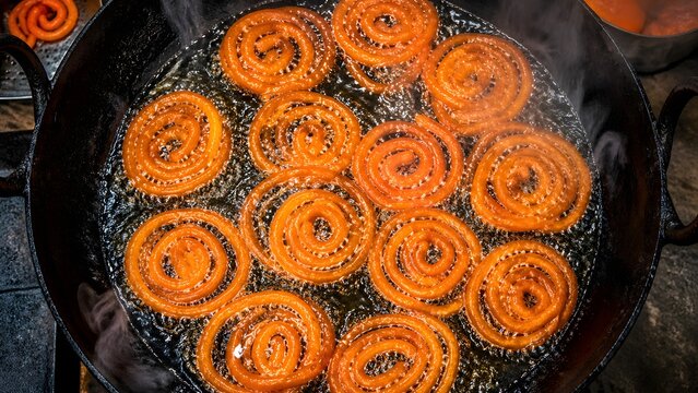 Jalebi dessert frying in hot oil in a large pan