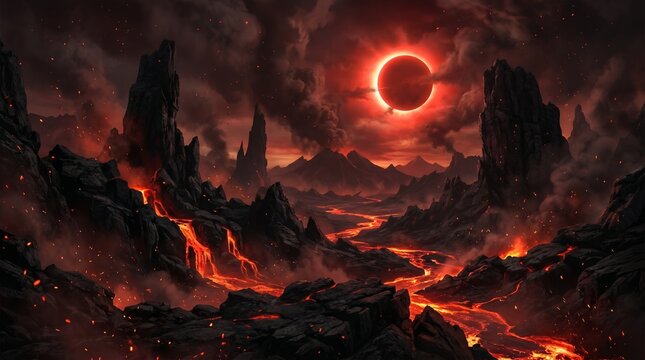 Apocalyptic Landscape with Fiery Sky and Lava River &ndash; Dark Fantasy Scene