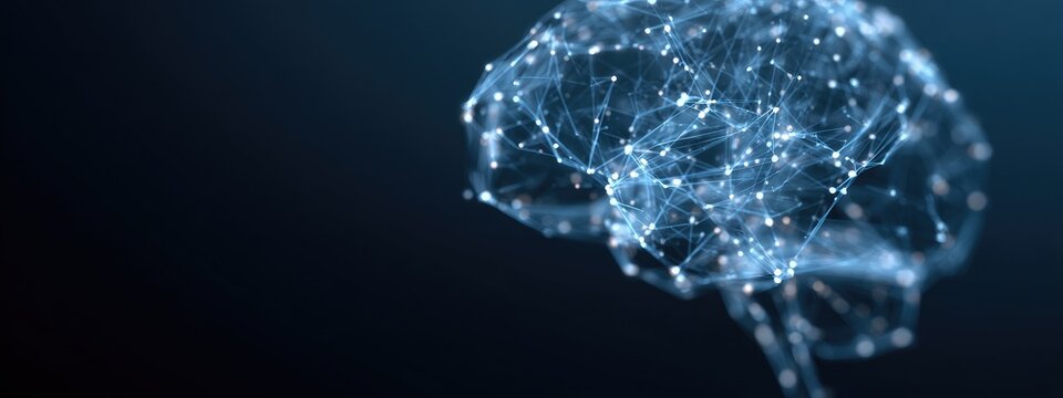 Luminous neural network model of a human brain on a dark background
